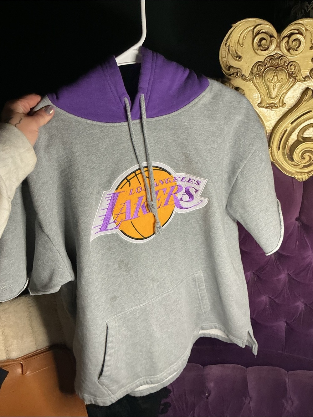 Los Angeles Lakers Gray & Purple Hooded Short Sleeve Sweatshirt